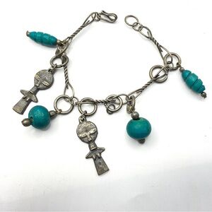 Silver Tone Tribal Charms Green Wood Beads Bracelet Vintage